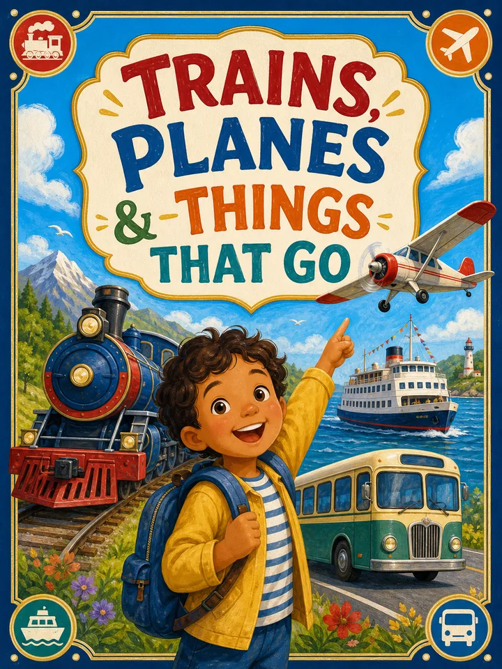 Trains, Planes, and Things That Go coloring book preview